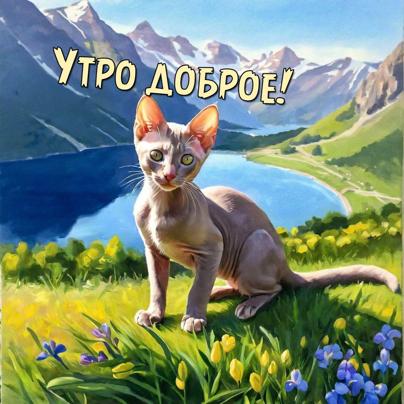 Утро, сфинкс-кот на цветущем лугу