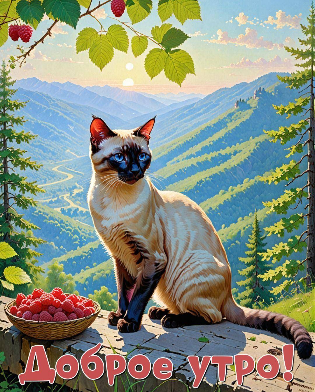 Утро, сиамский кот, корзина с малиной и горная панорама