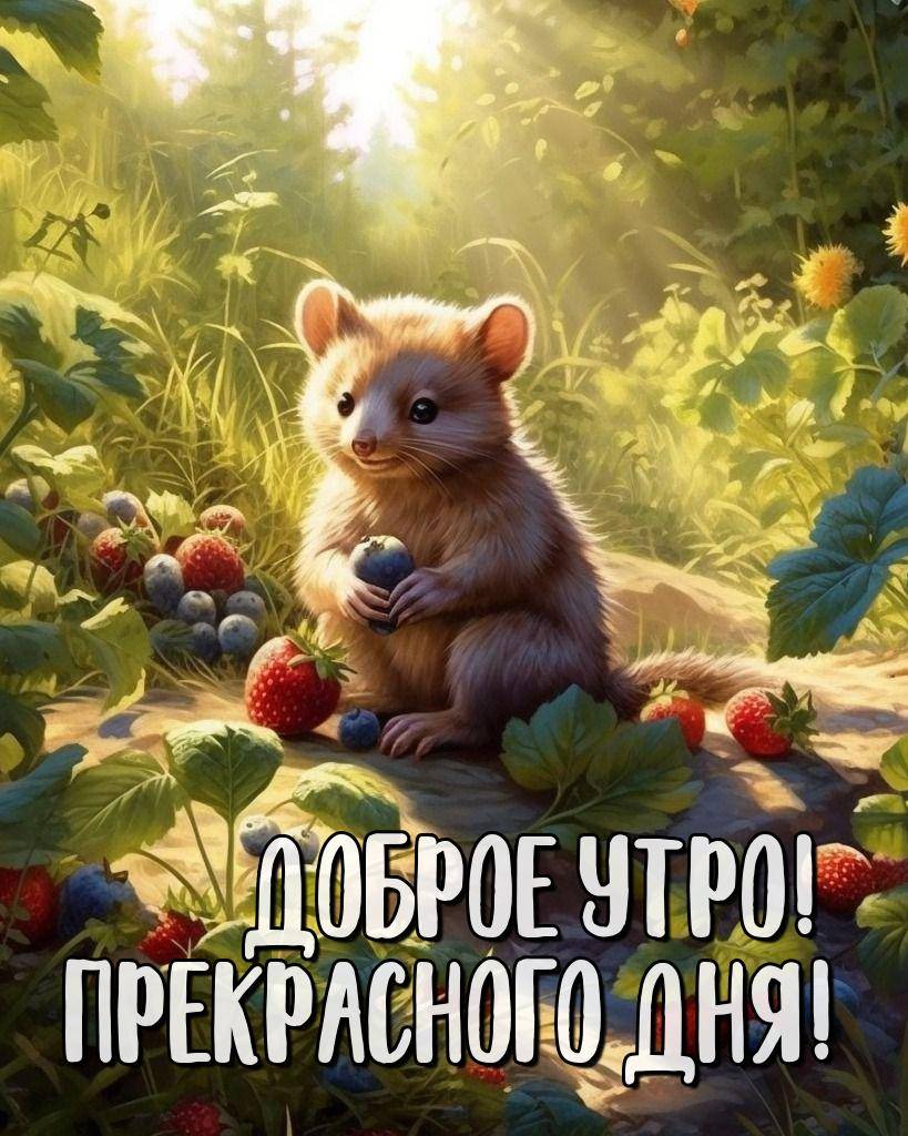Утро, симпатичная мышка с ягодами на поляне
