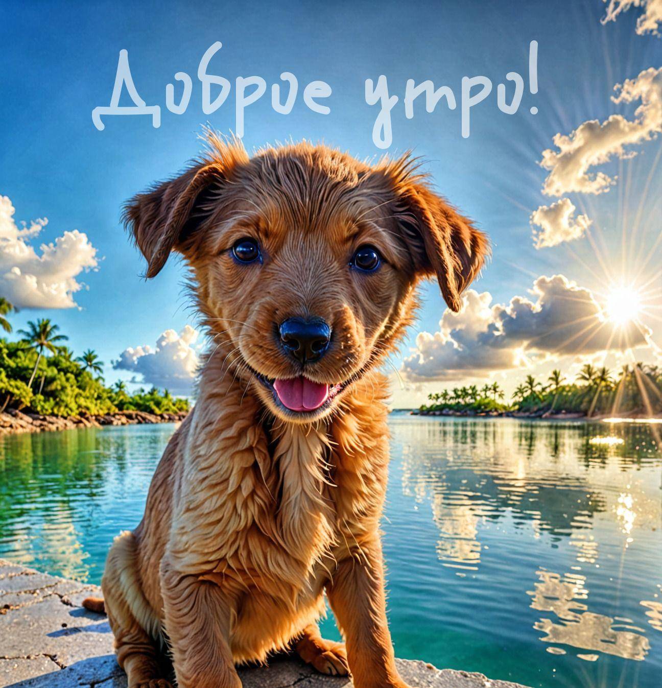 Утро, симпатичный щенок на берегу в лучах заката