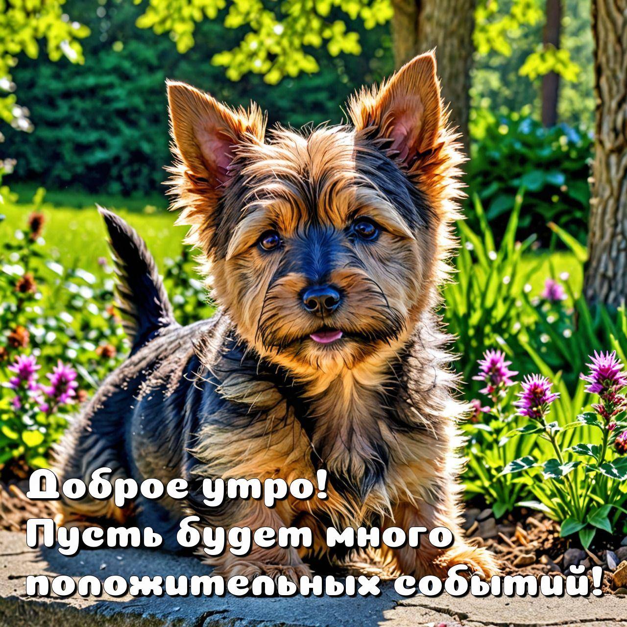 Утро, симпатичный щенок на каменной дорожке, фон - зелёная листва