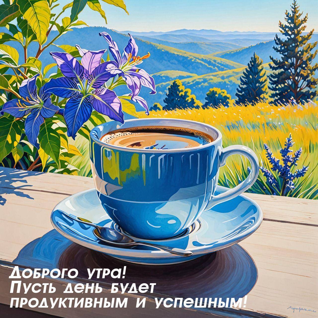 Утро, синяя чашка с кофе на блюдце с ложкой рядом