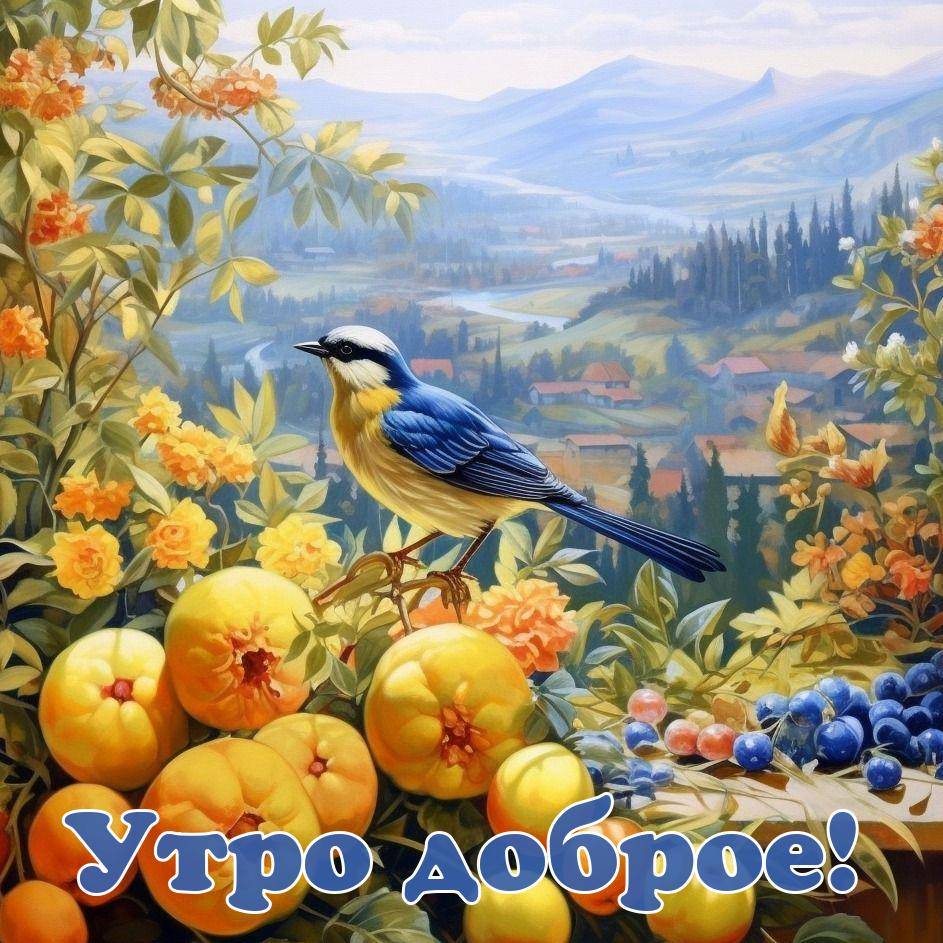 Утро, синяя птица среди зелёных растений и жёлтых цветов.