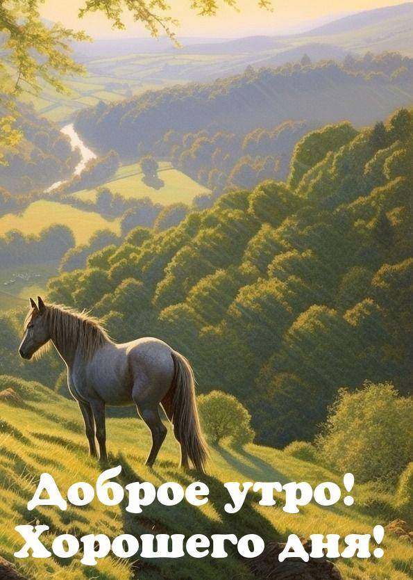Утро, склон холма с травой, лошадь на переднем плане