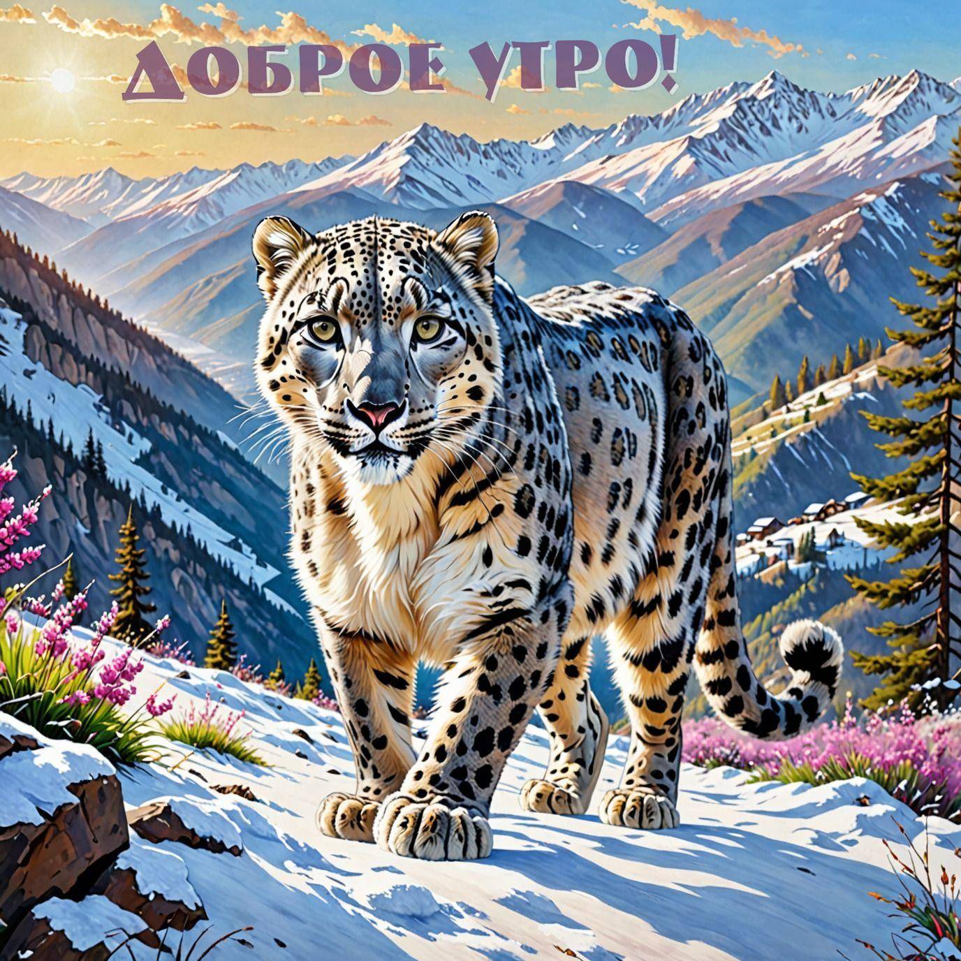 Утро, снежный барс на снежном склоне