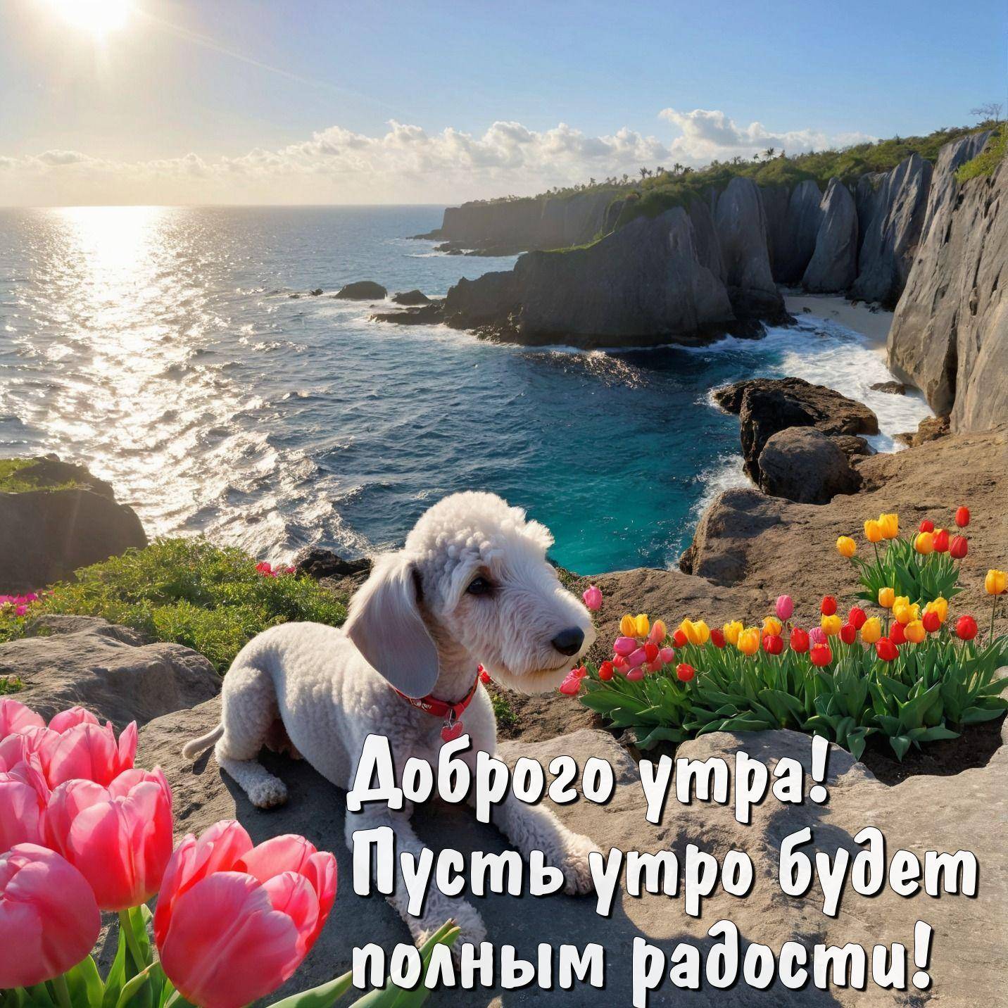 Утро, собака лежит на скале среди тюльпанов у моря.