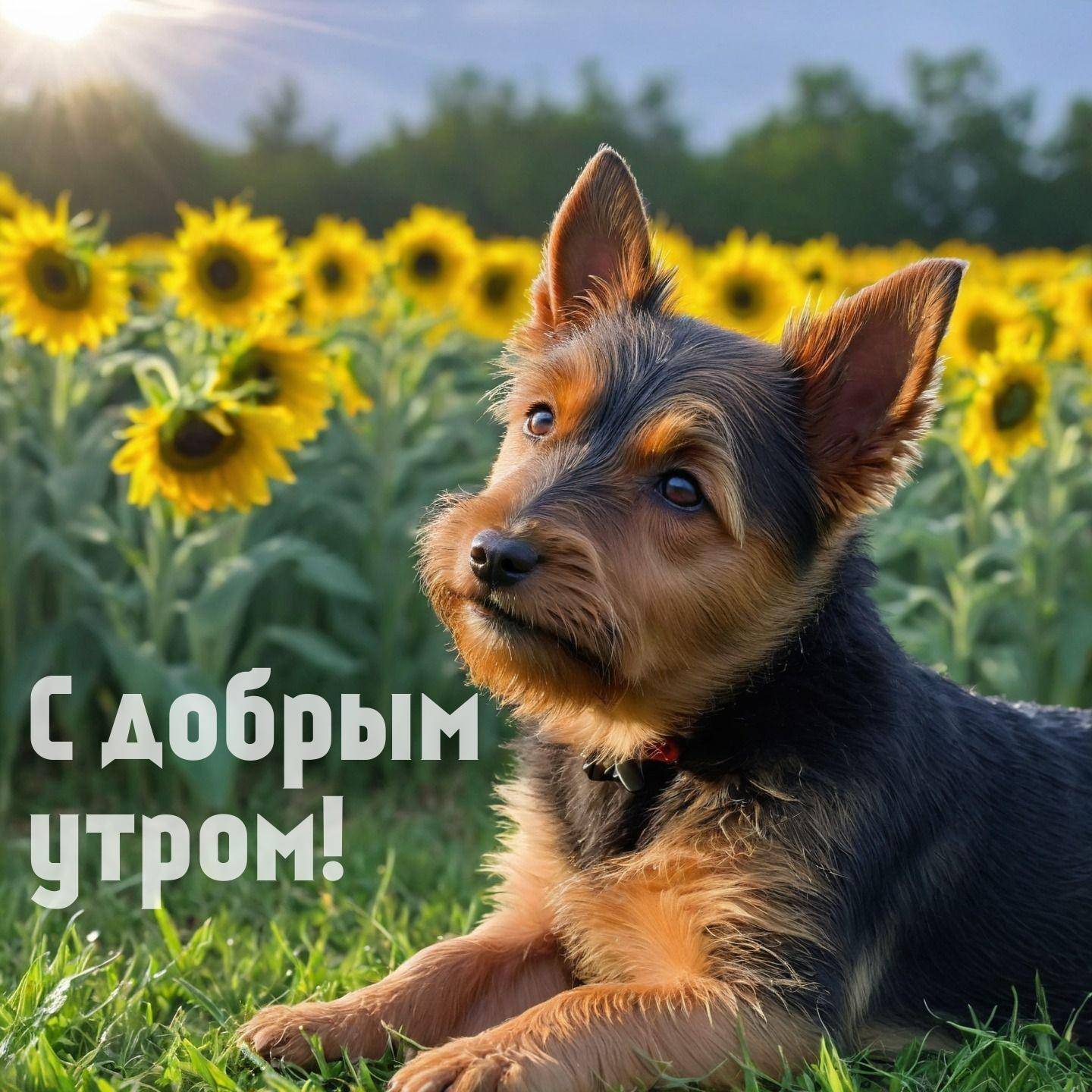 Утро, собака лежит на траве, подсолнухи на заднем плане