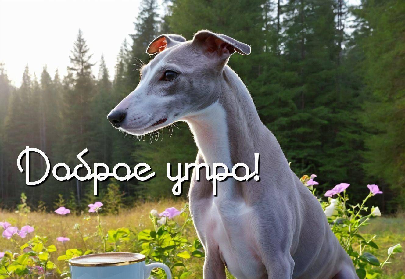 Утро, собака на фоне леса, цветы и напиток