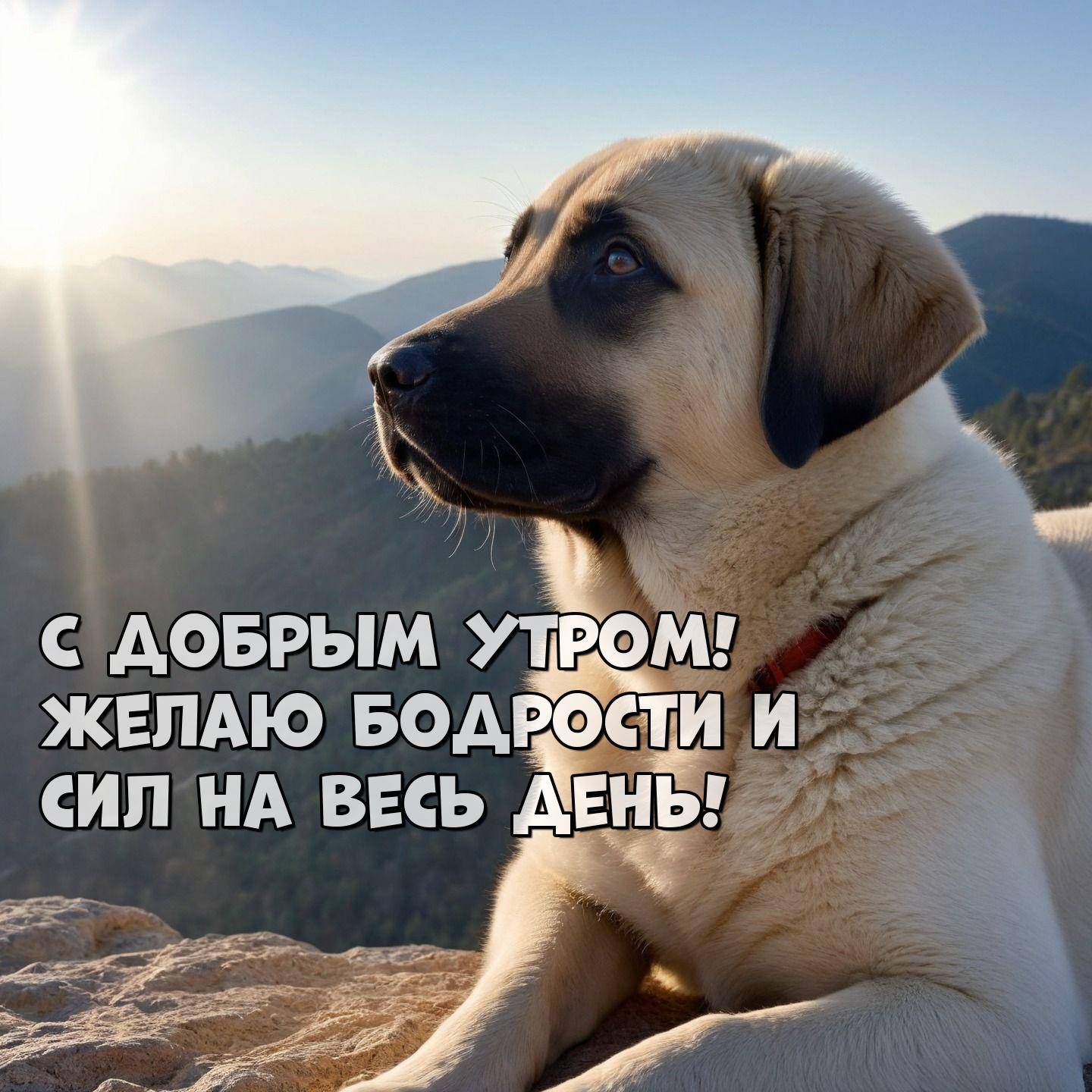 Утро, собака на скале, фон горы, закат