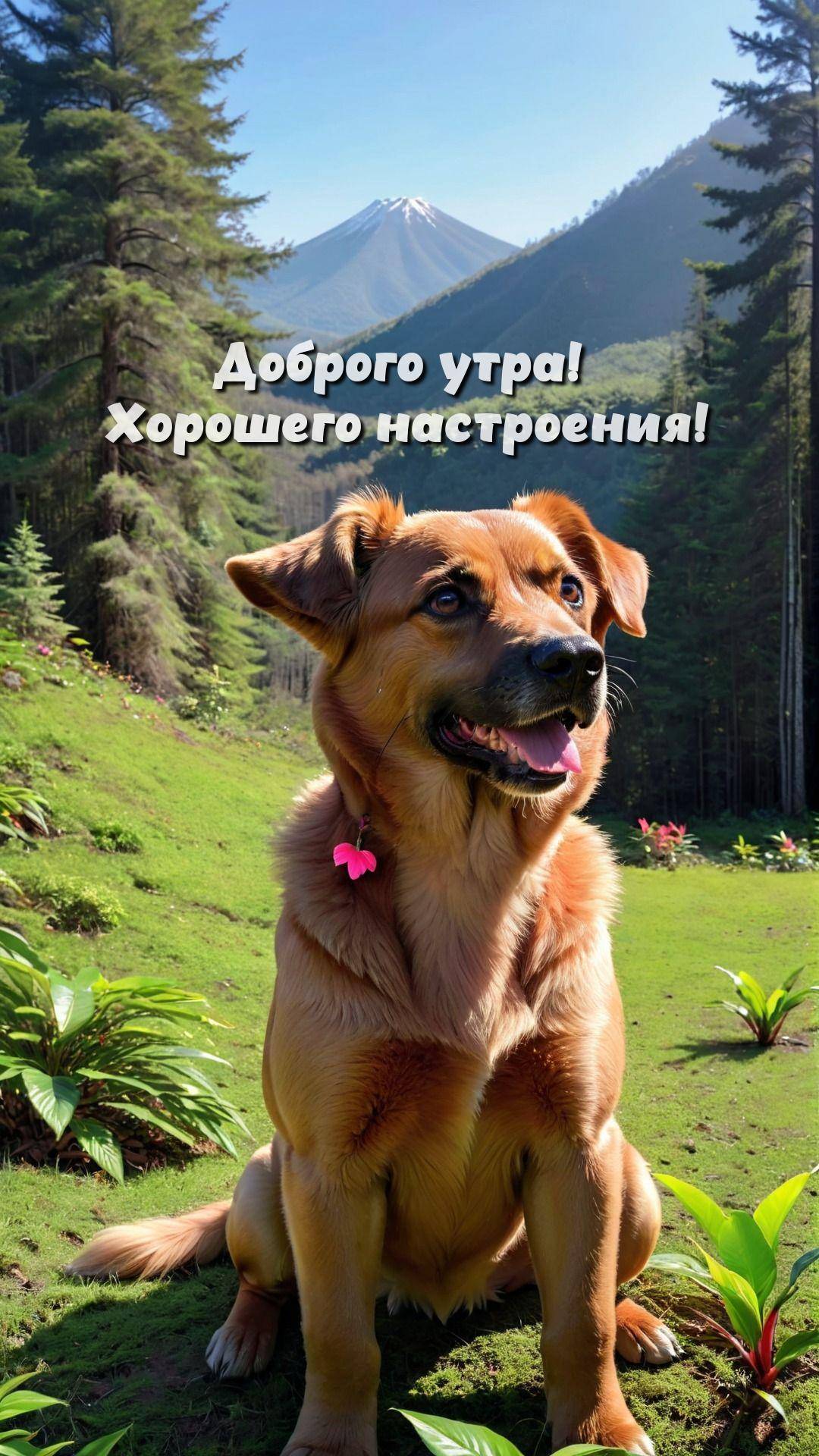 Утро, собака на траве с горами на заднем плане