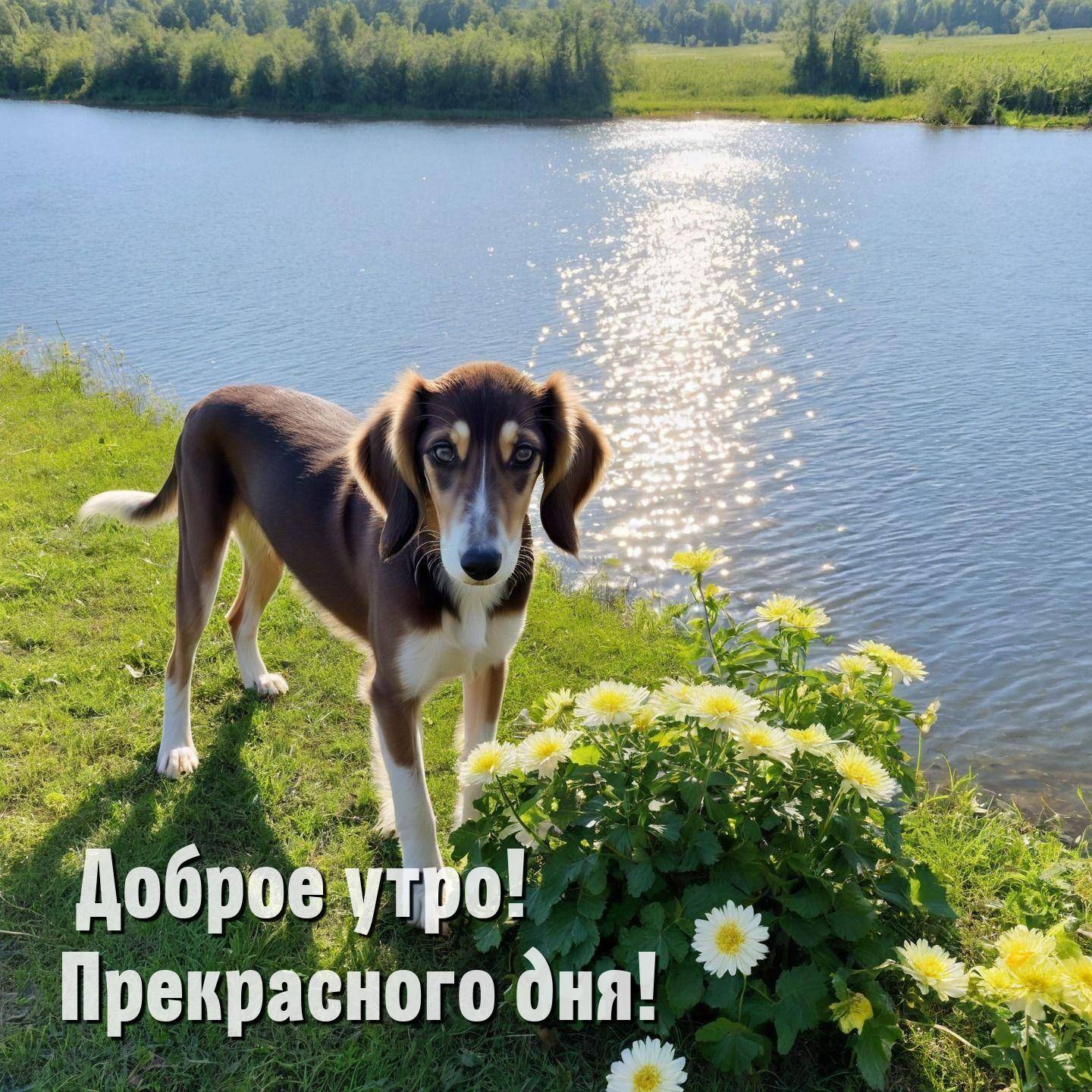 Утро, собака на траве у куста с желтыми цветами. Солнце отражается в реке.