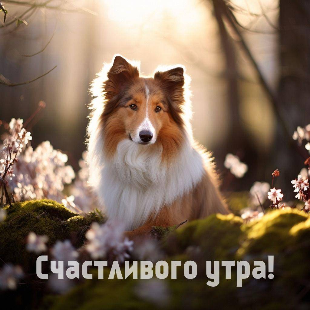 Утро, собака шелти в лесу среди растений
