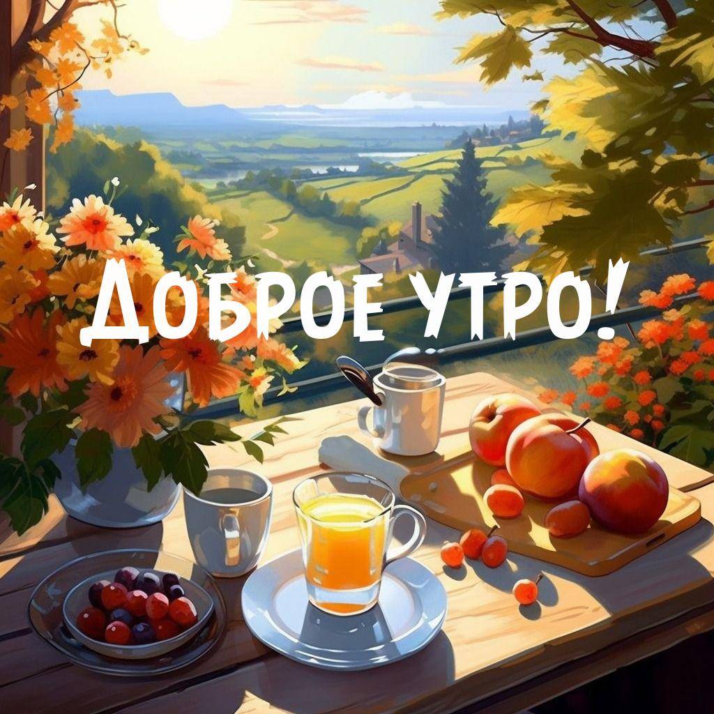 Утро, солнечный день с цветами на столе и пейзажем