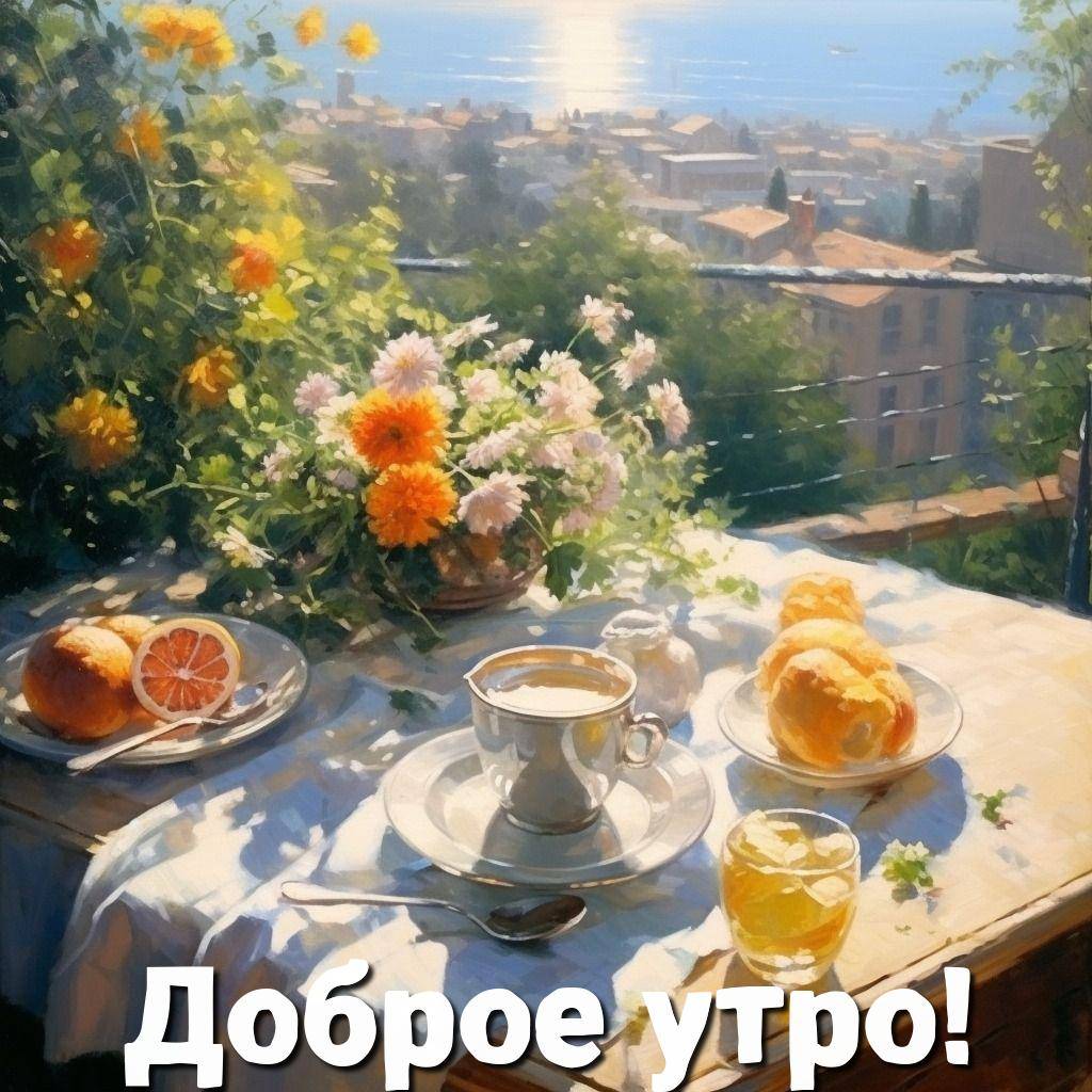 Утро, солнечный завтрак на балконе с видом на море и город