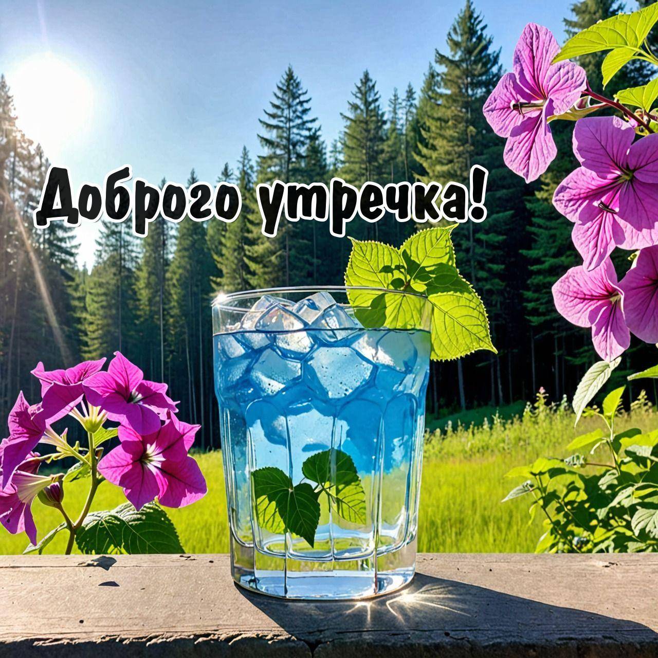Утро, стакан с голубым напитком и льдом, украшенный листьями