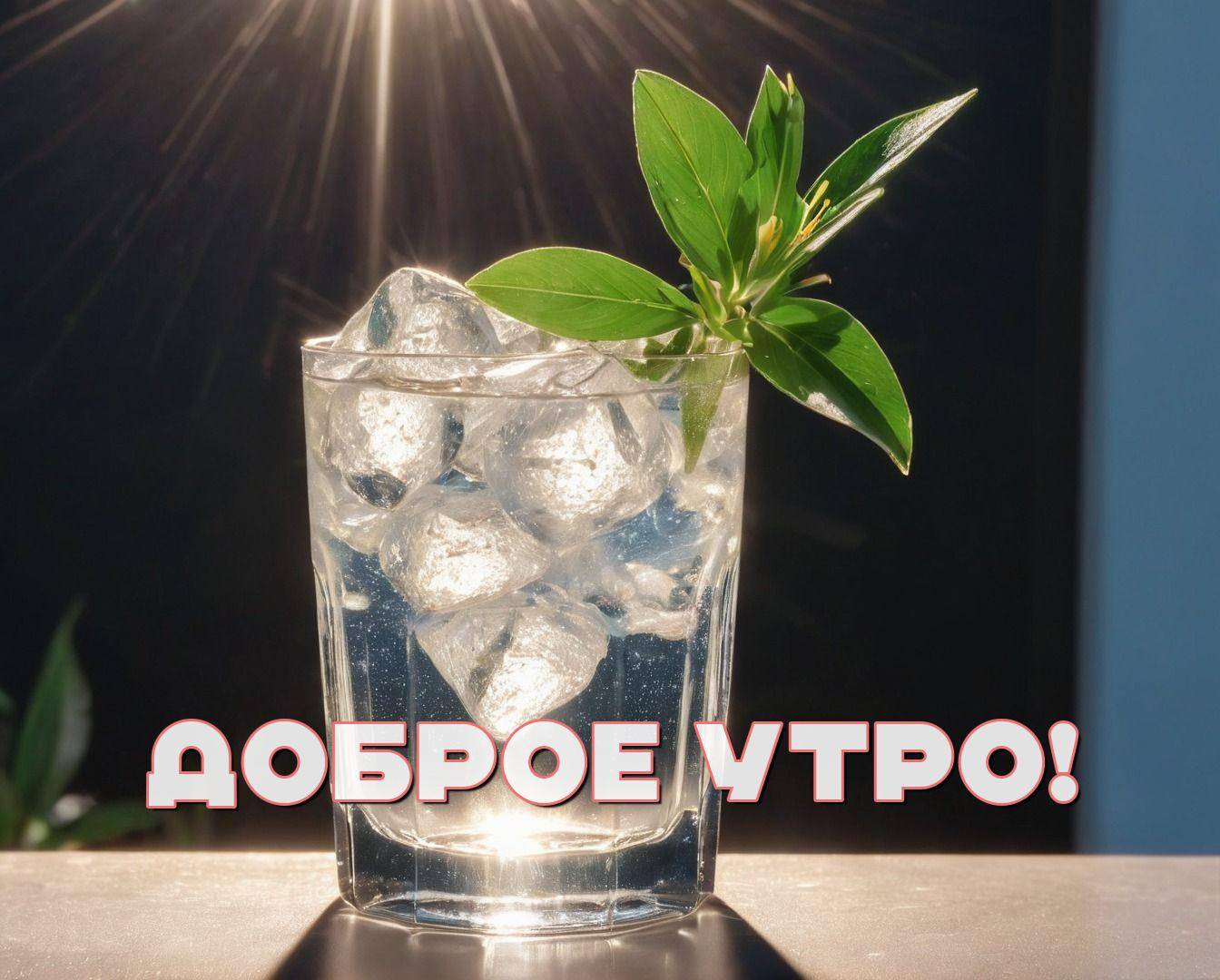 Утро, стакан с кубиками льда и листьями