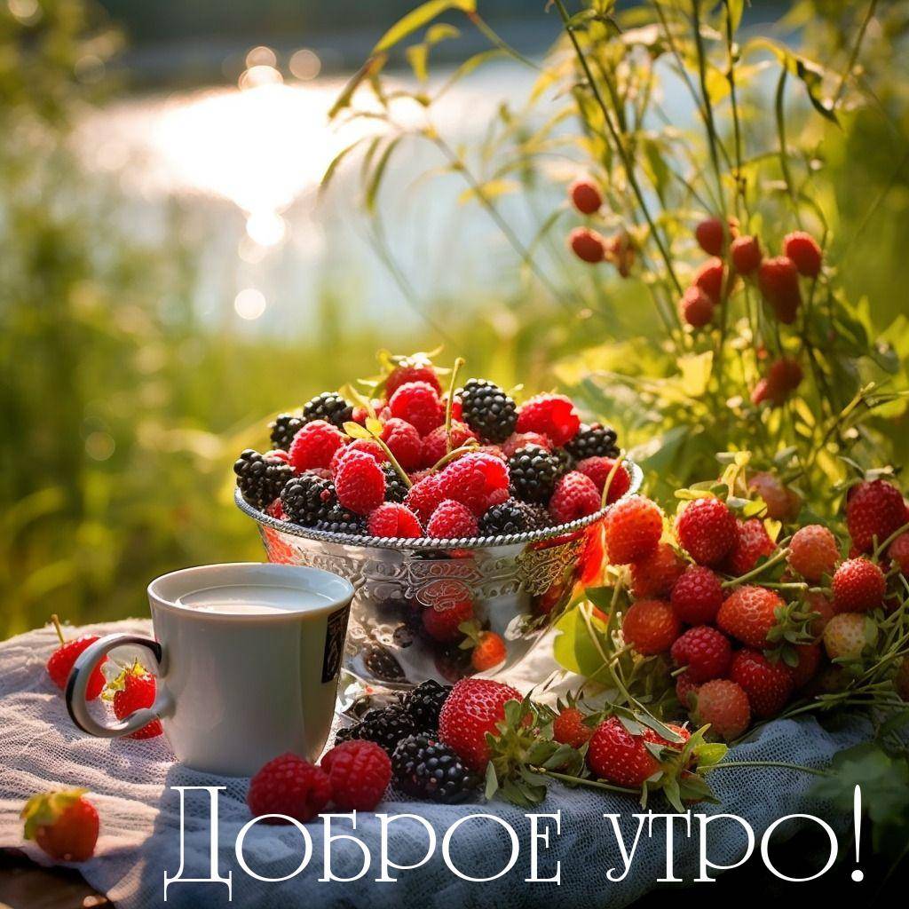 Утро, стеклянная чаша с ягодами, белая чашка и клубника на ткани