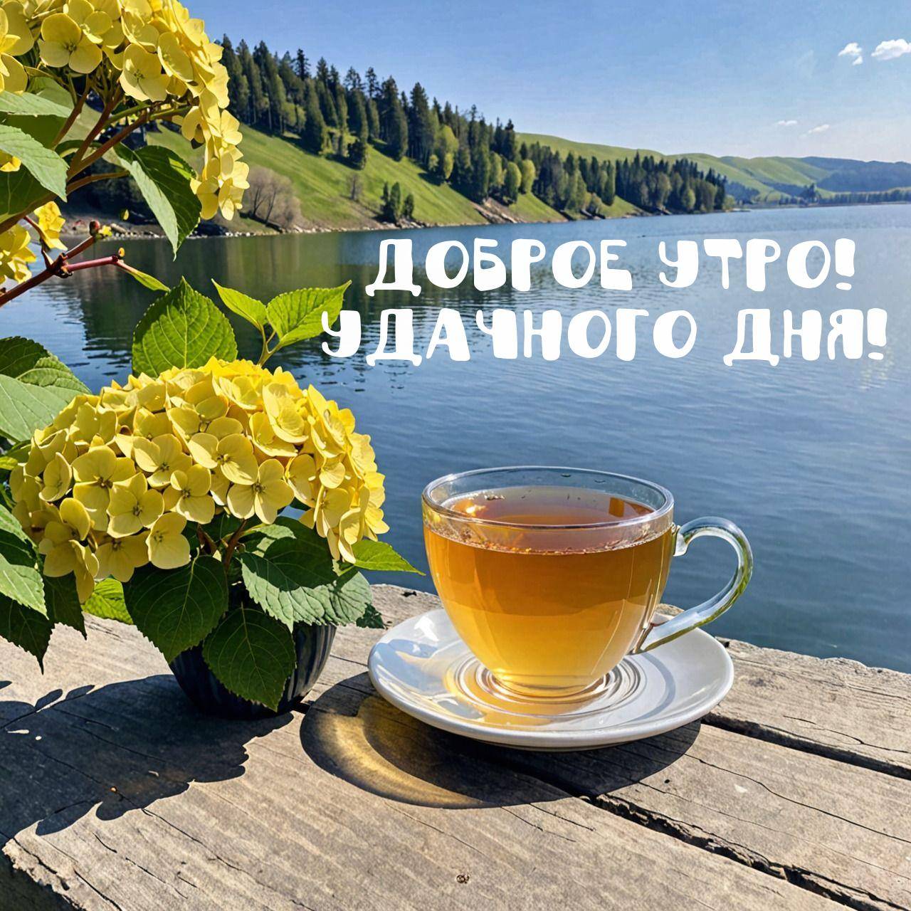 Утро, стеклянная чашка с чаем и цветы на фоне озера