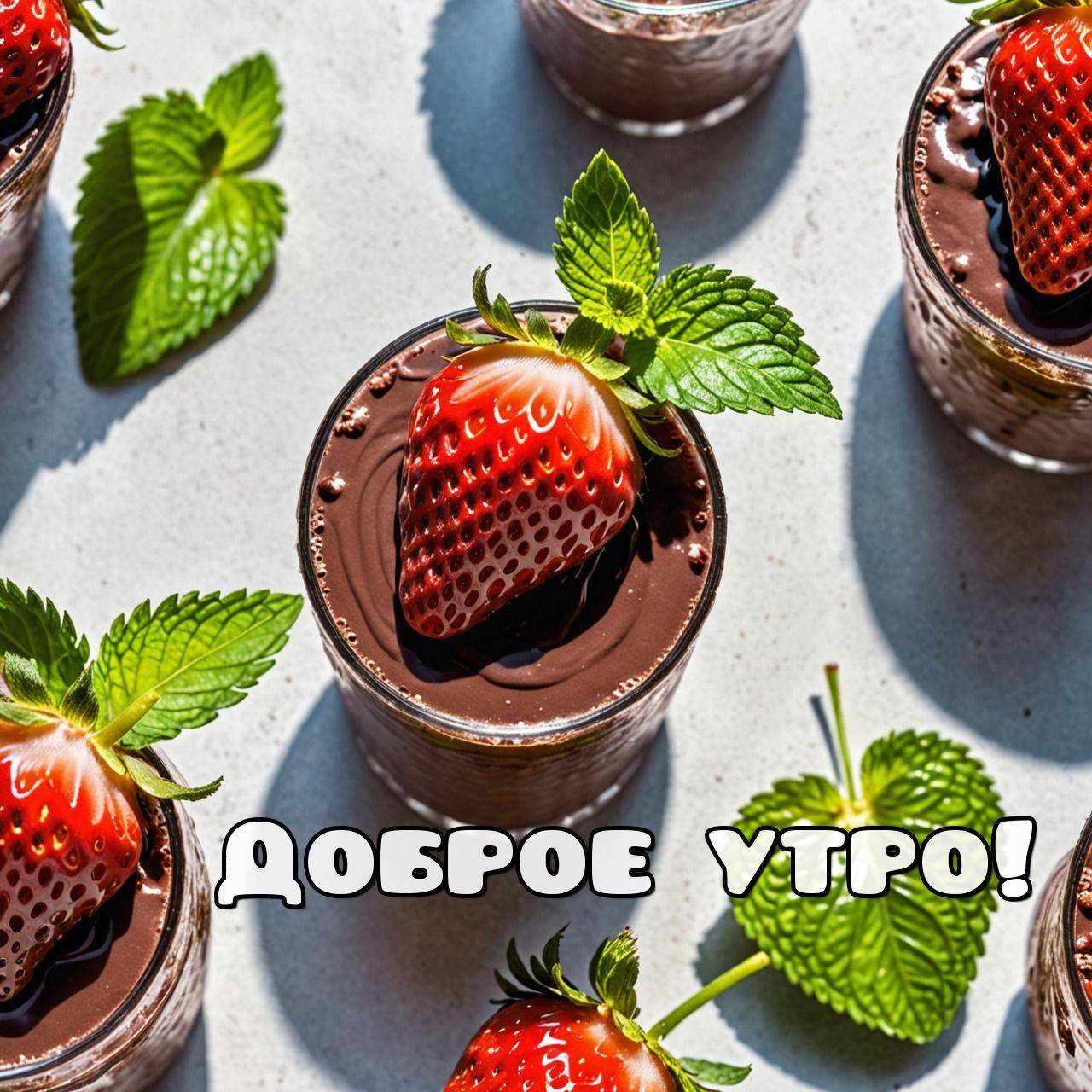 Утро, стеклянные стаканчики с шоколадным муссом и клубникой