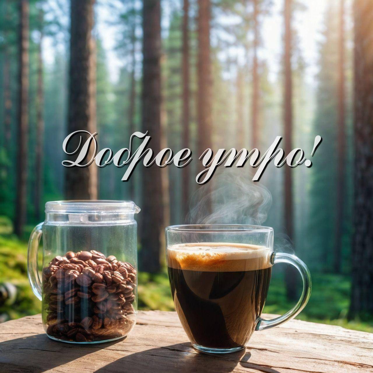 Утро, стеклянный контейнер с кофе и дымящаяся кружка на фоне леса