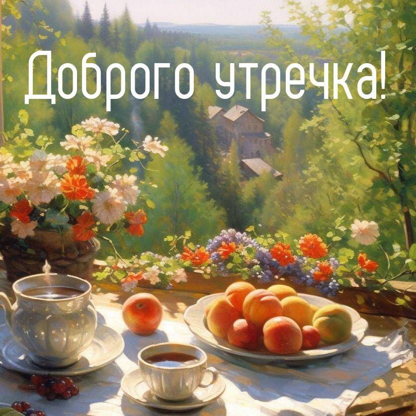Утро, стол для чаепития на фоне летнего пейзажа