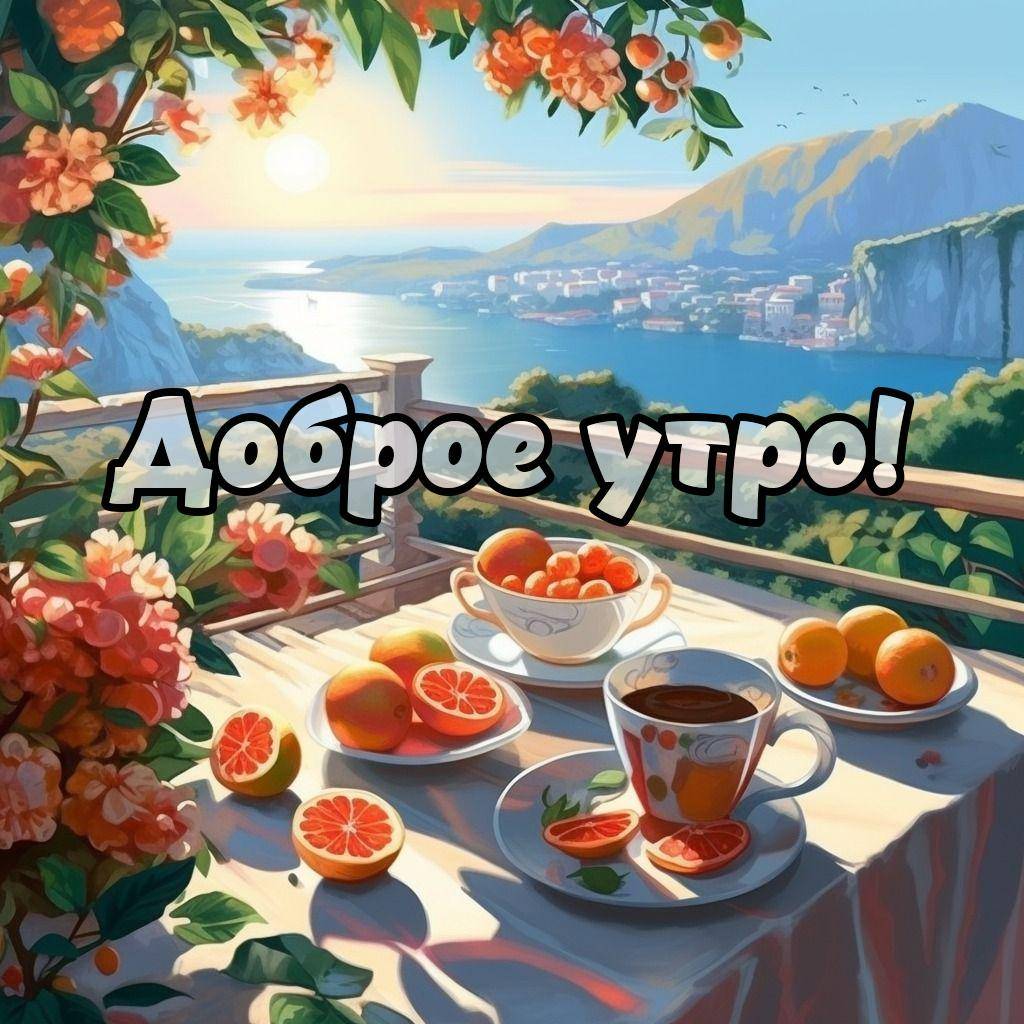 Утро, стол на террасе с видом на закат и горы