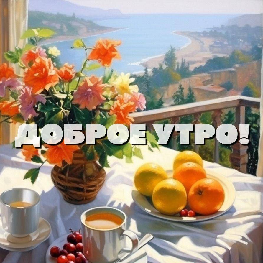 Утро, стол на веранде с цветами, фруктами и чашками перед морем