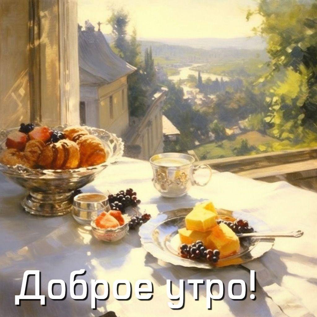 Утро, стол, накрытый для завтрака, с тарелкой сыра и ягод