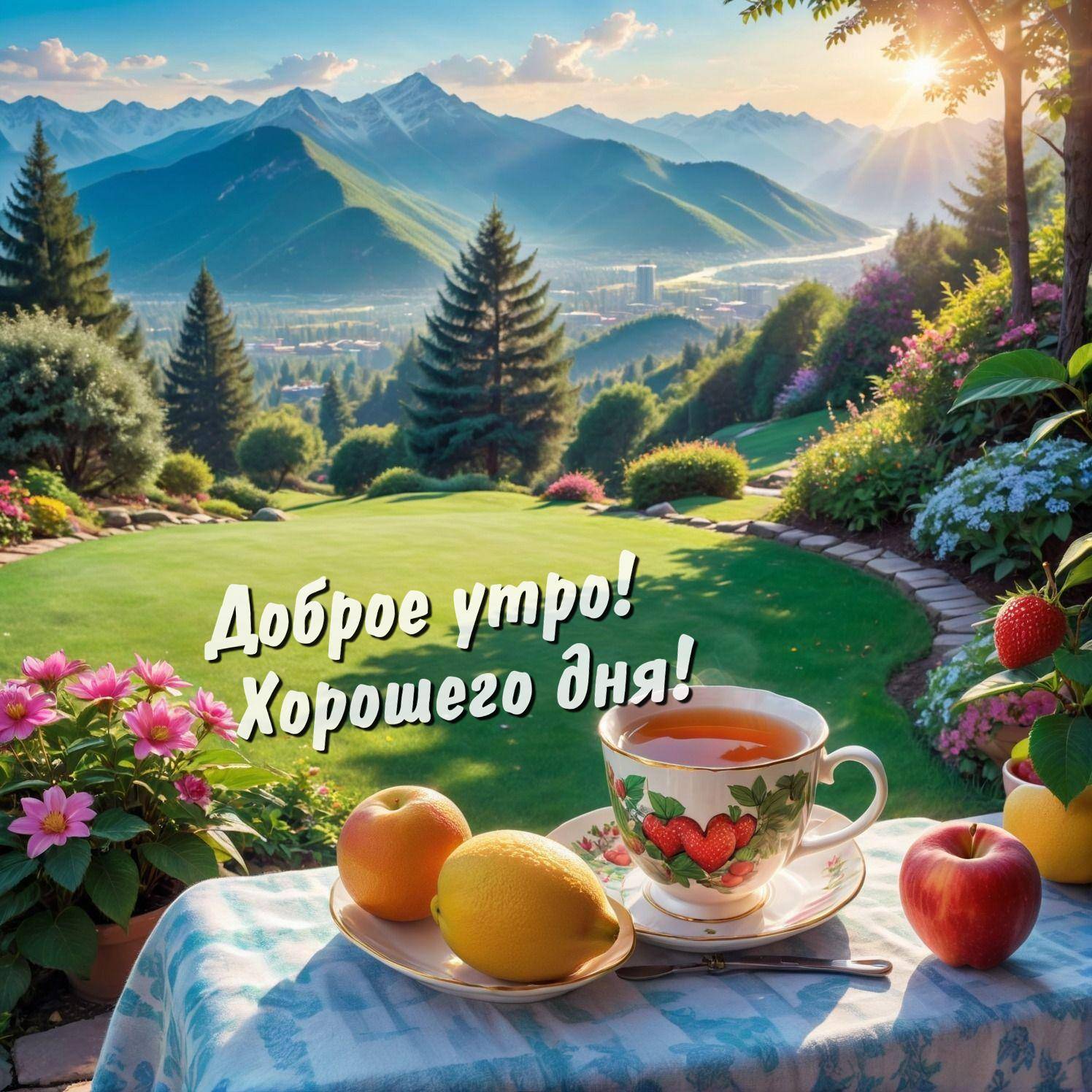 Утро, стол с чаем, фруктами и видом на сад
