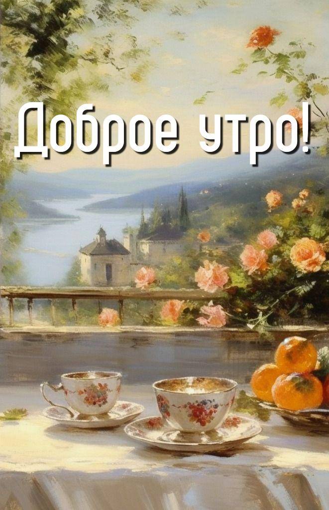 Утро, стол с чашками, апельсинами и пейзажем на фоне