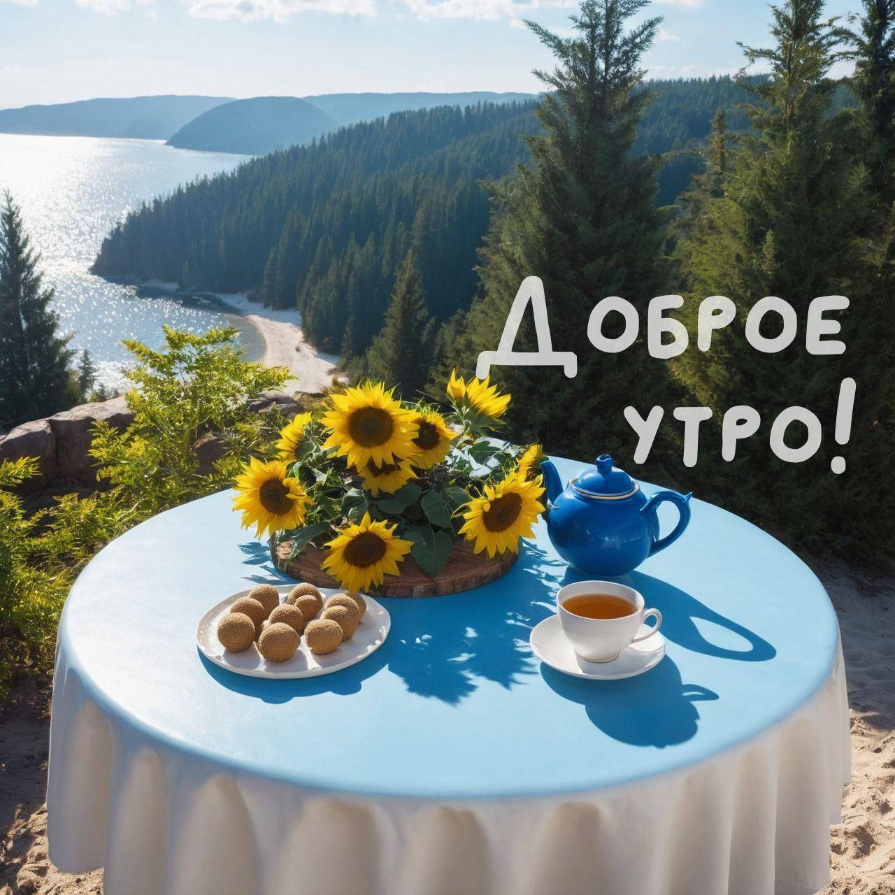 Утро, стол с голубой скатертью, ваза с подсолнухами, чай, печенье