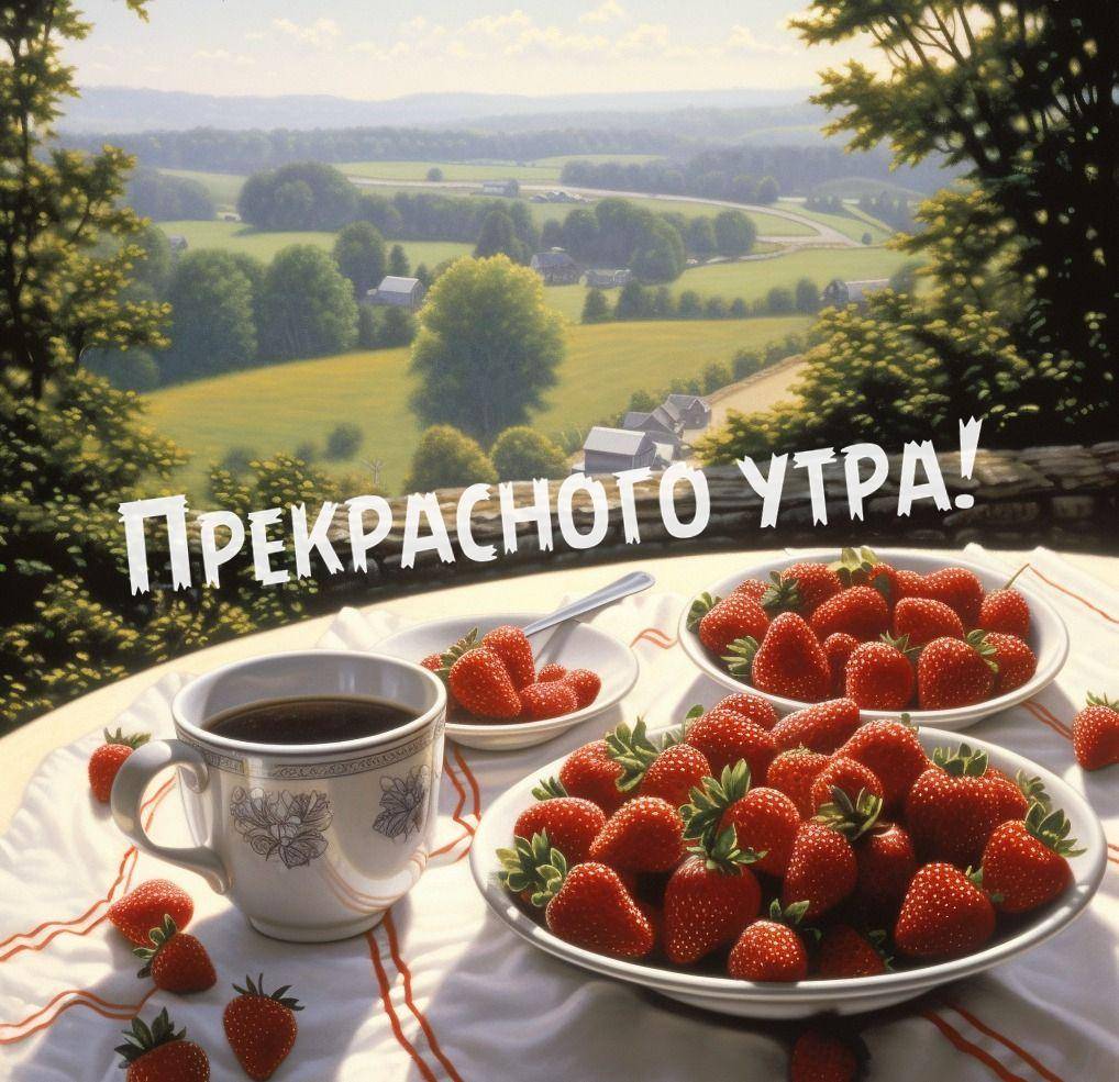 Утро, стол с клубникой и кофе