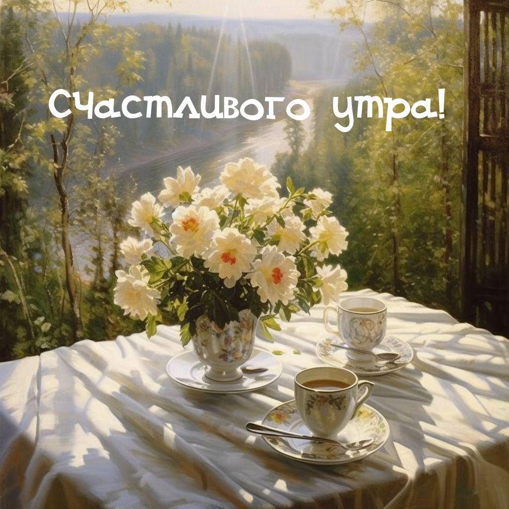 Утро, стол с напитками, ваза с цветами, природа