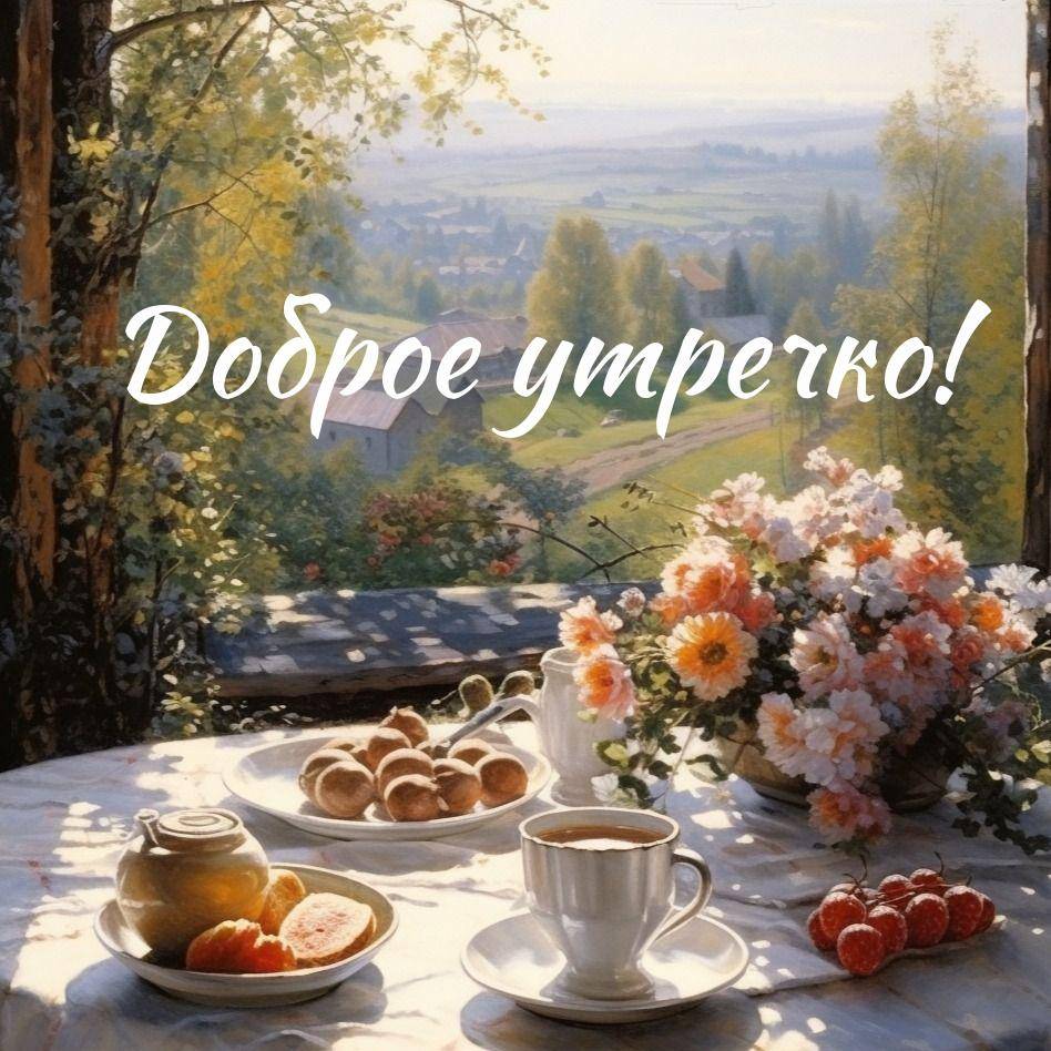 Утро, стол с напитком, малиной, медом, выпечкой и цветами