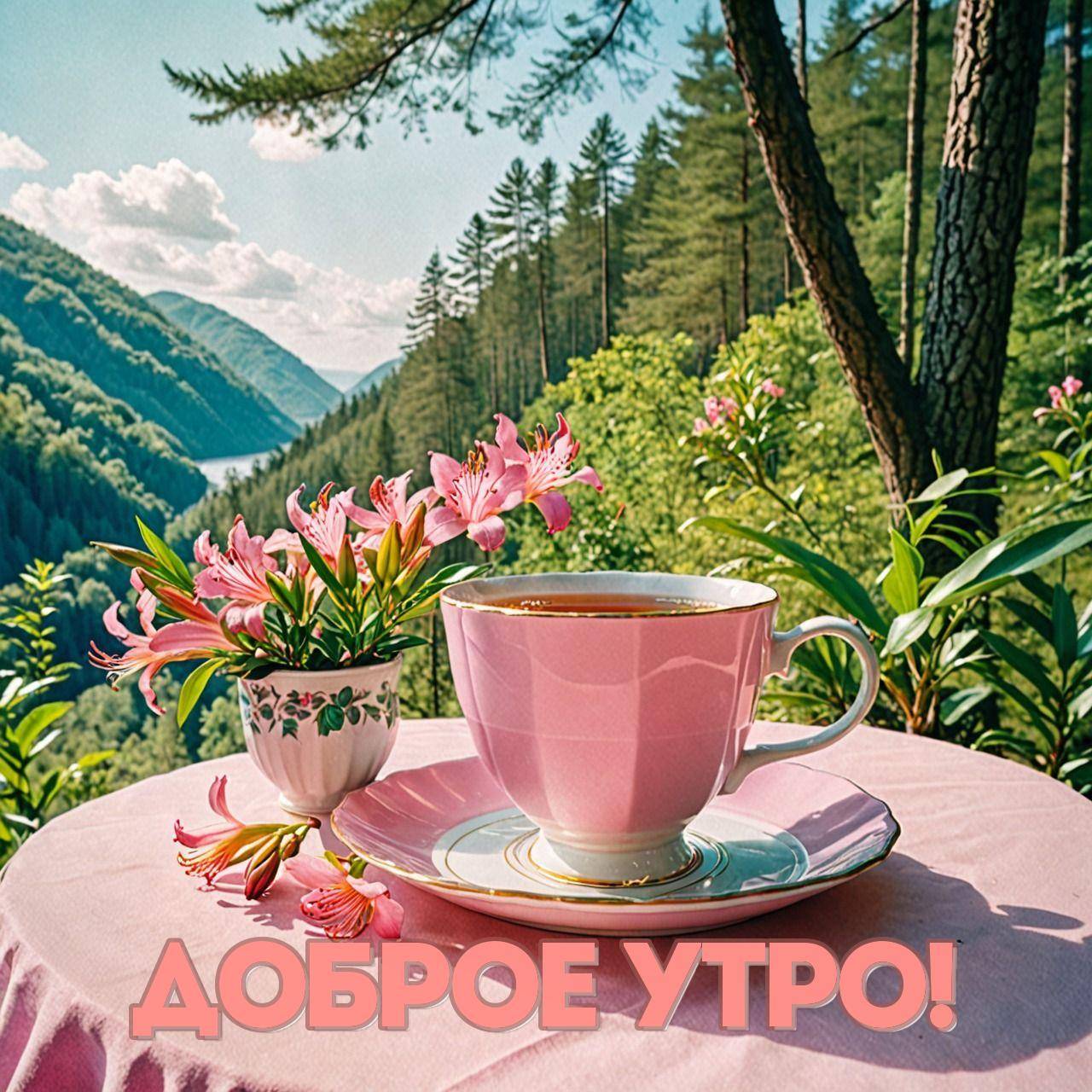 Утро, стол с розовой скатертью и чашкой чая