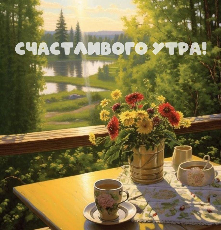 Утро, стол с сервировкой, цветы, вид на природу
