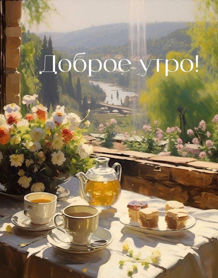 Утро, стол с завтраком на веранде с пейзажем