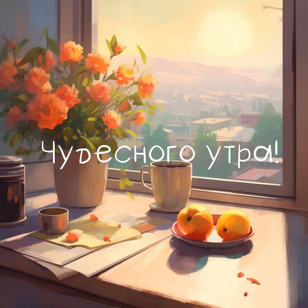 Утро, стол у окна с вазой, цветами и чашкой чая