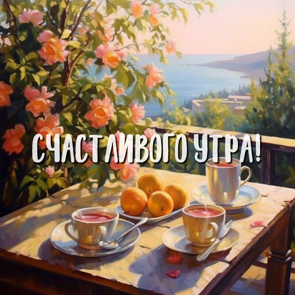 Утро, столик на террасе с видом на море