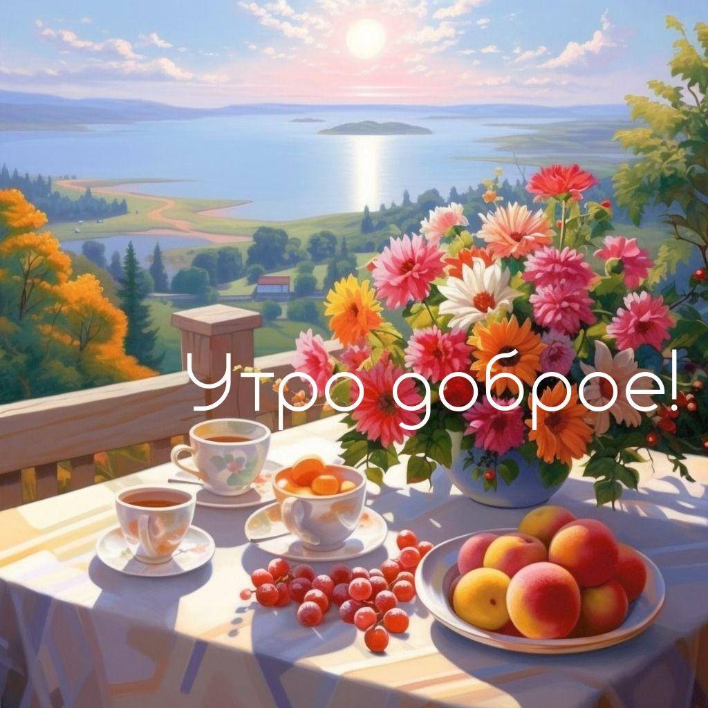 Утро, столик на террасе с видом на озеро на закате