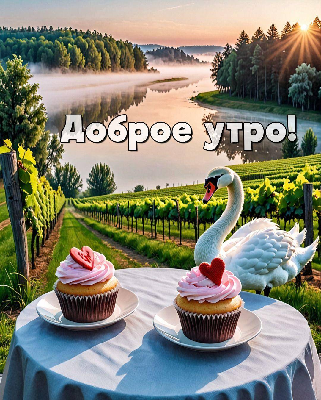 Утро, столик с кексами и белым лебедем