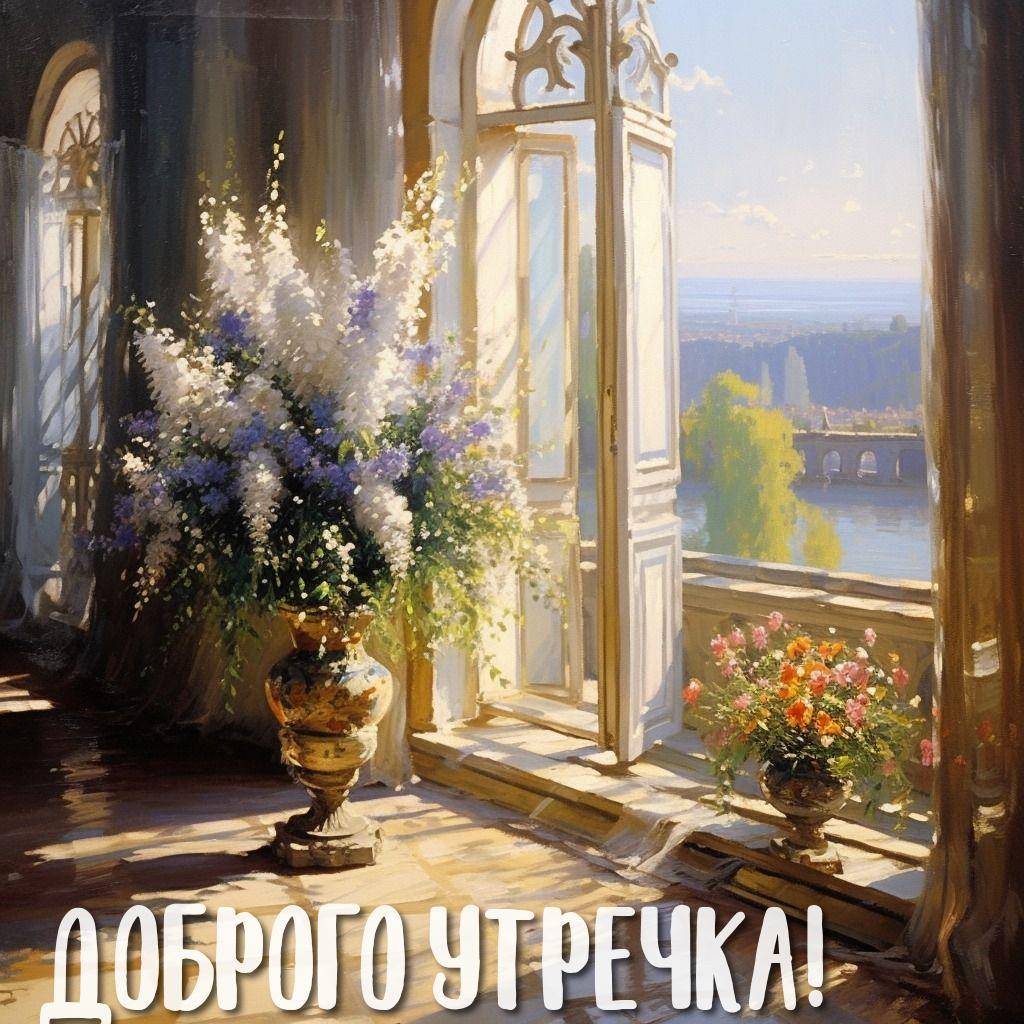 Утро, сцена интерьера с цветами на переднем плане