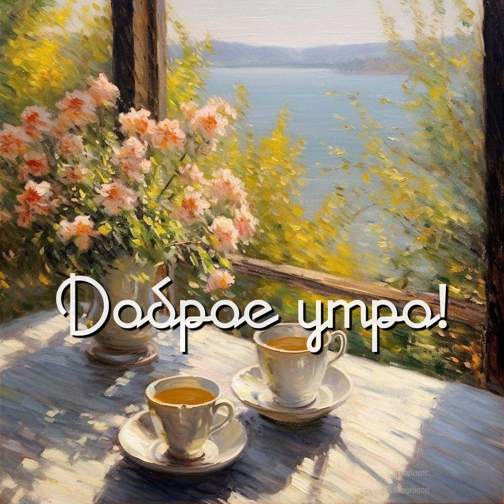 Утро, сцена на фоне природы с чаепитием на столе