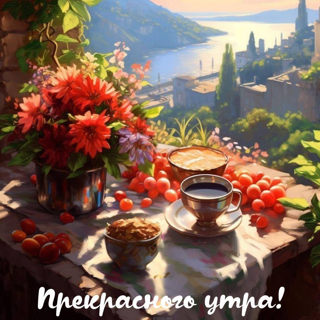 Утро, сцена на природе с видом на залив