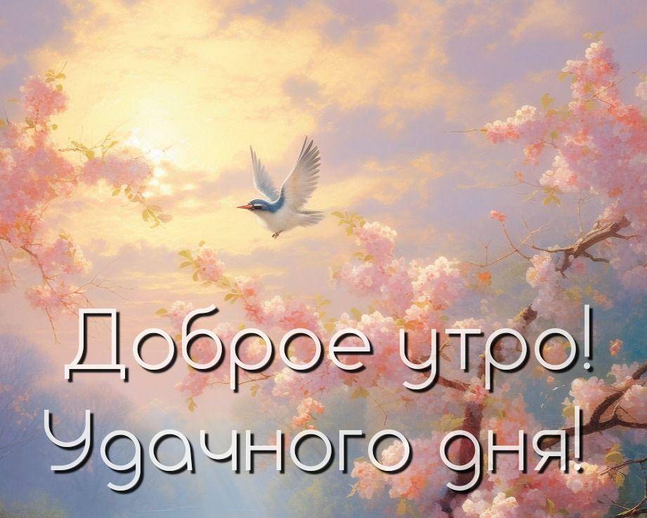 Утро, сцена с небом и птицей, ветки с цветами