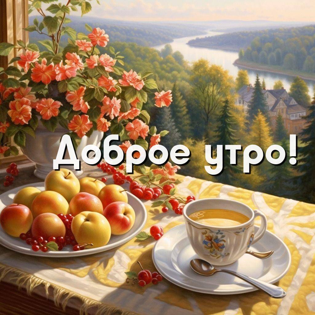 Утро, сцена с окном, столом, фруктами и вазой
