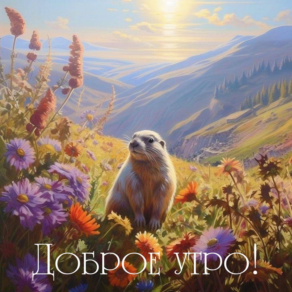 Утро, сурок среди полевых цветов на горе