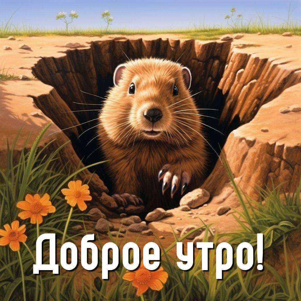 Утро, сурок выглядывает из норы среди травы и цветов