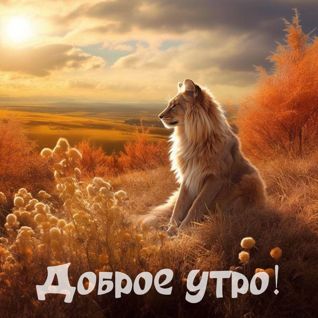 Утро, существо, напоминающее льва, сидящее на холме в закатном свете
