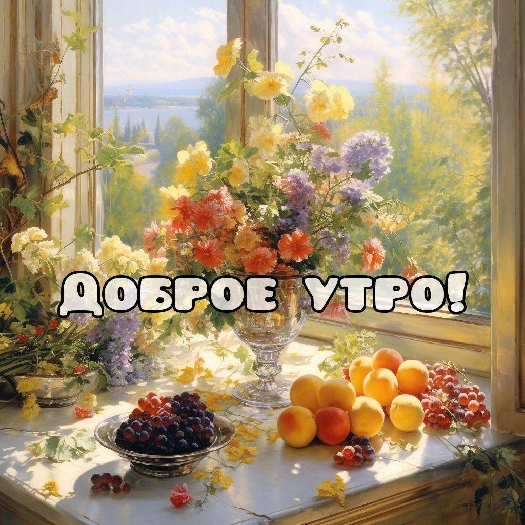 Утро, светлый подоконник с вазами и фруктами